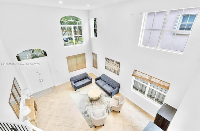 living room featuring a high ceiling