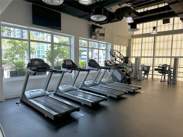 exercise room featuring a high ceiling