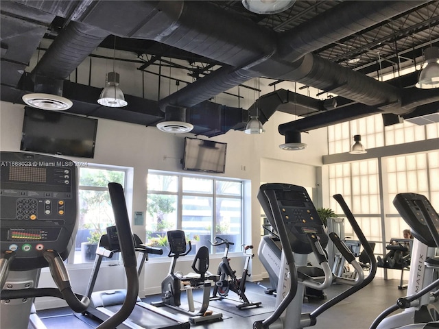 exercise room with a high ceiling