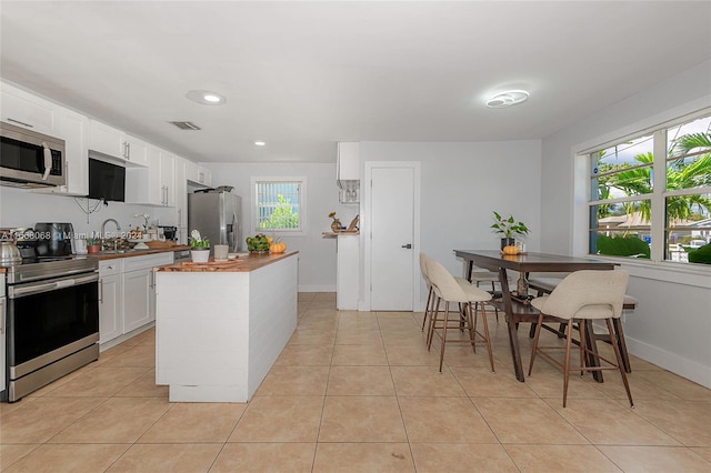 kitchen with butcher block countertops, stainless steel appliances, a healthy amount of sunlight, and white cabinetry