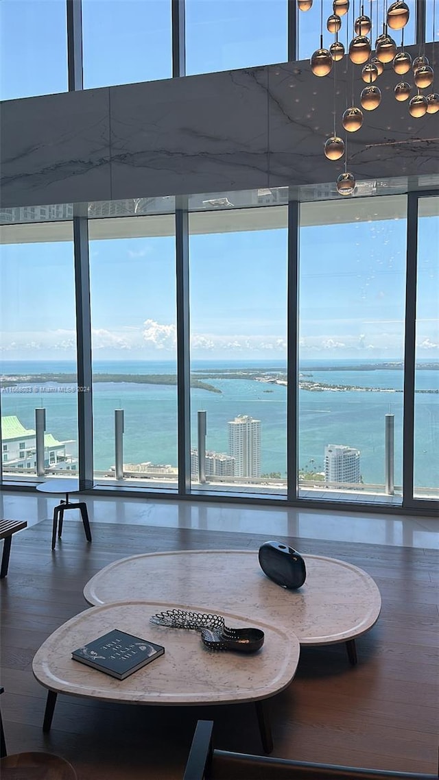 dining space featuring a water view, a chandelier, and hardwood / wood-style flooring