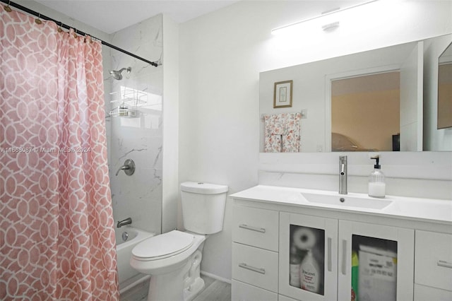 full bathroom with wood-type flooring, vanity, toilet, and shower / bathtub combination with curtain