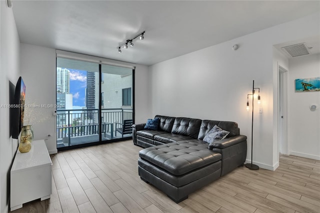 living room with rail lighting and light hardwood / wood-style floors