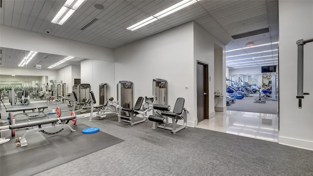 exercise room with a high ceiling and carpet