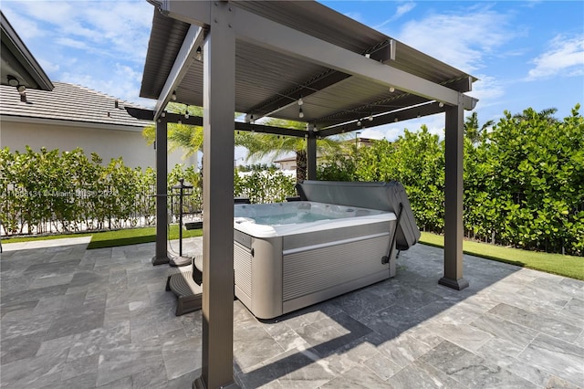 view of patio featuring a hot tub