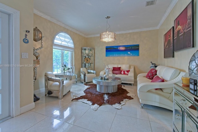 living room with crown molding, light tile patterned floors, and a notable chandelier