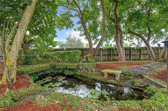 view of yard featuring a garden pond