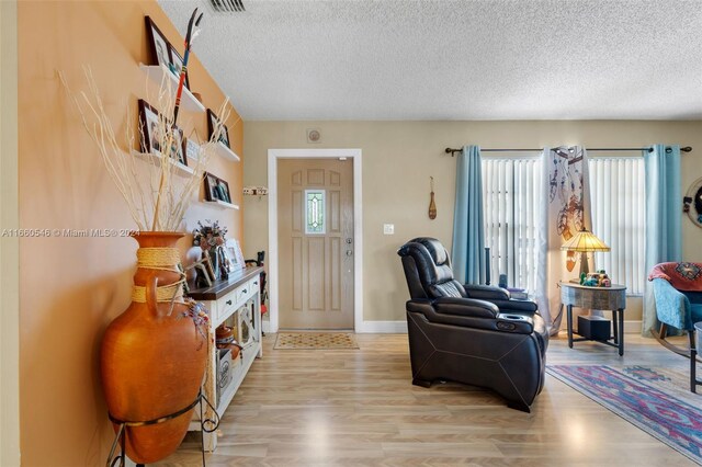 living room with a textured ceiling, light hardwood / wood-style floors, and a wealth of natural light