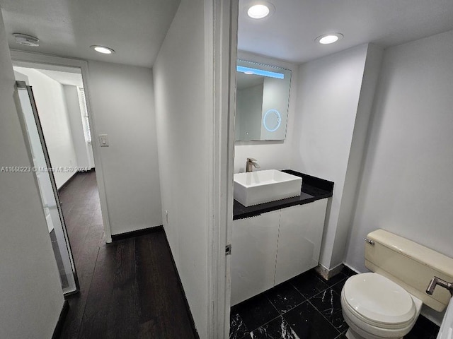 bathroom featuring vanity, toilet, and hardwood / wood-style flooring