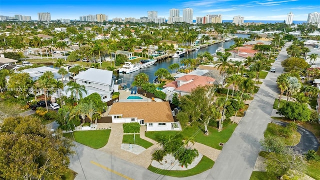 bird's eye view with a water view