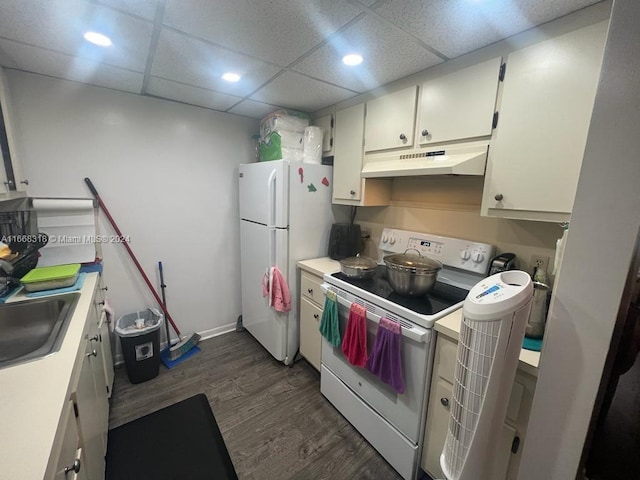 kitchen with a sink, white appliances, under cabinet range hood, dark wood-style floors, and recessed lighting