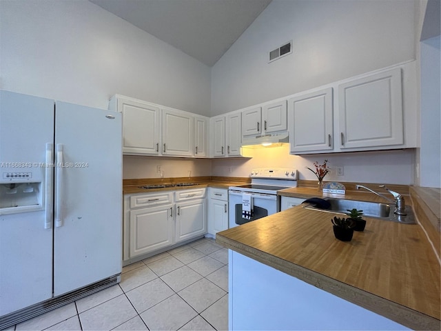 kitchen featuring kitchen peninsula, sink, white appliances, high vaulted ceiling, and white cabinetry