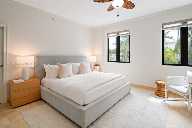 bedroom with ornamental molding, multiple windows, light tile patterned floors, and ceiling fan