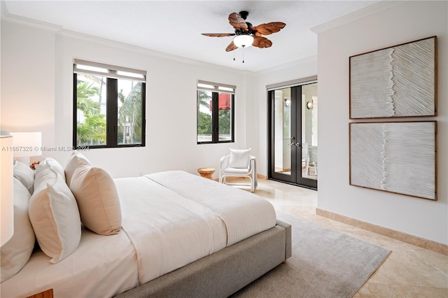 bedroom featuring light tile patterned flooring, ceiling fan, french doors, access to outside, and ornamental molding