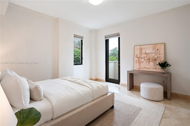 tiled bedroom featuring crown molding