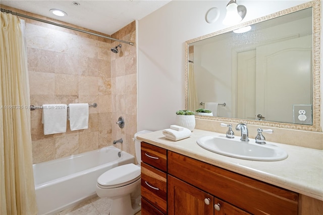 full bathroom with shower / tub combo with curtain, vanity, toilet, and tile patterned flooring