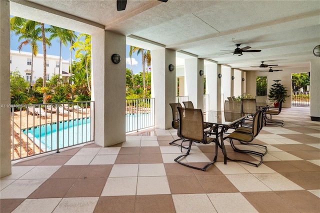 view of patio / terrace featuring ceiling fan and a fenced in pool