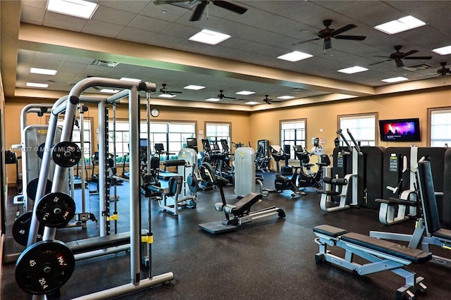 gym with a paneled ceiling, a healthy amount of sunlight, visible vents, and a ceiling fan