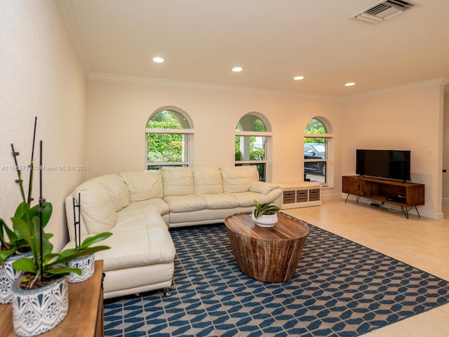 living room with a wealth of natural light and crown molding