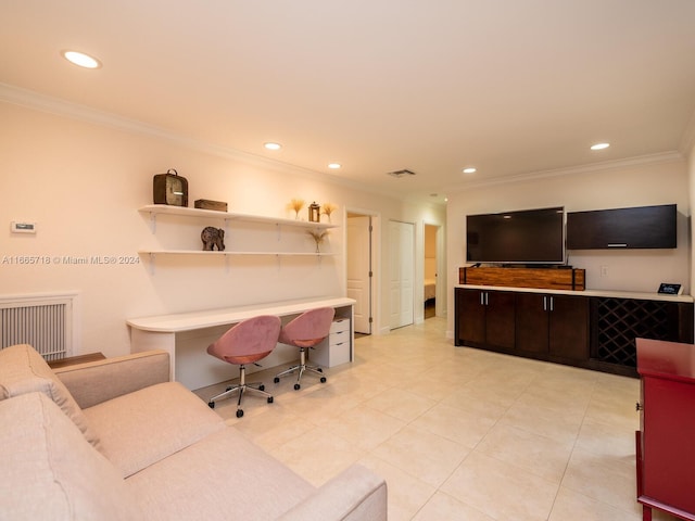 living room with light tile patterned floors and crown molding