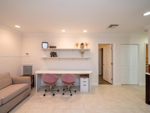 tiled office space featuring crown molding