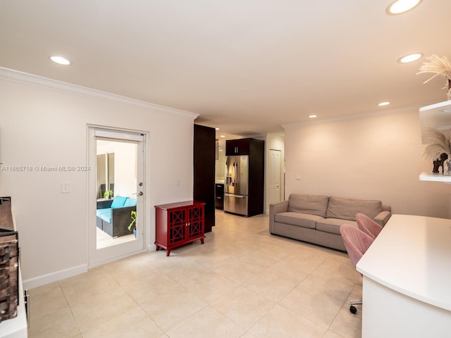 living room with ornamental molding