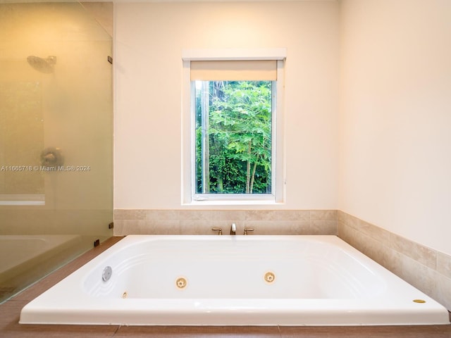 bathroom with a tub to relax in and a healthy amount of sunlight