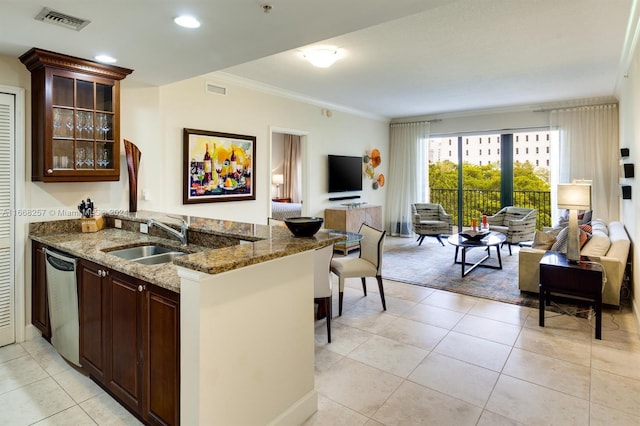 kitchen featuring kitchen peninsula, stone countertops, stainless steel dishwasher, ornamental molding, and sink