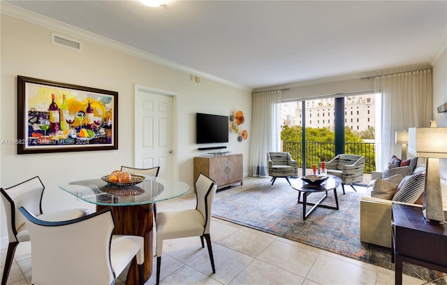 tiled living room with ornamental molding