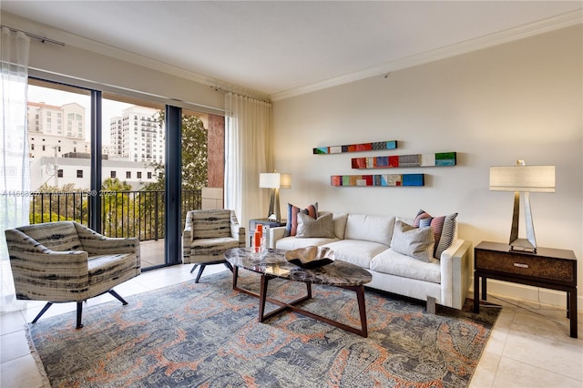 living room featuring ornamental molding and light tile patterned floors