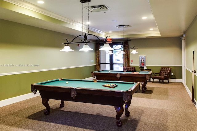 rec room featuring ornamental molding, pool table, a raised ceiling, and light colored carpet