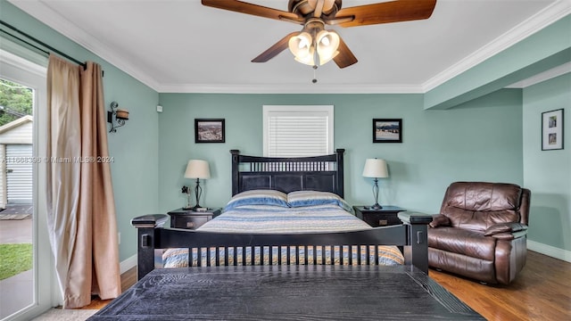 bedroom with ornamental molding, ceiling fan, hardwood / wood-style flooring, and access to outside