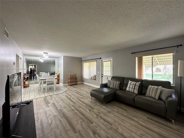 living room with a textured ceiling, hardwood / wood-style flooring, and a healthy amount of sunlight