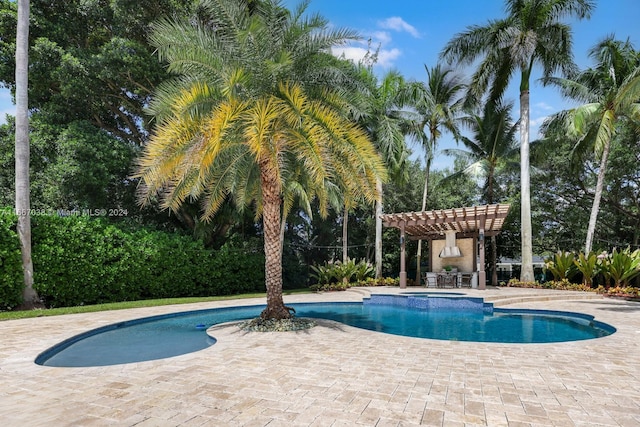 view of swimming pool featuring a patio and a pergola