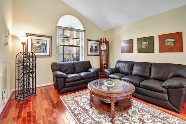 living room with wood-type flooring and high vaulted ceiling