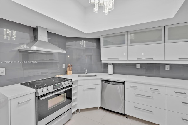 kitchen with backsplash, white cabinets, sink, wall chimney exhaust hood, and stainless steel appliances