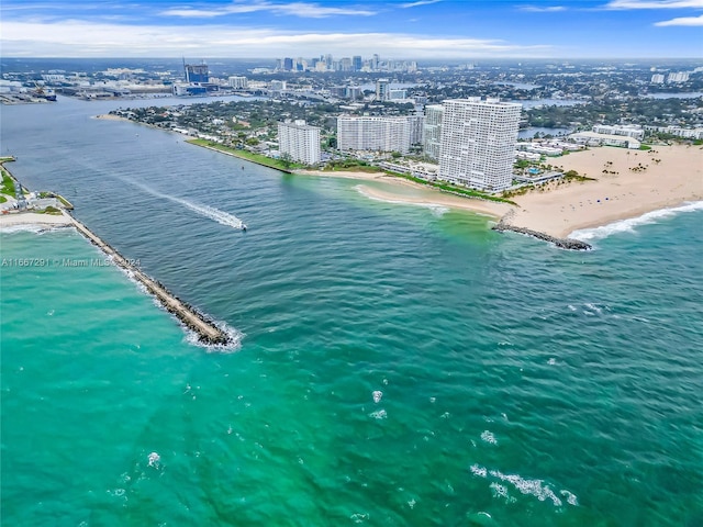 aerial view featuring a water view and a view of the beach