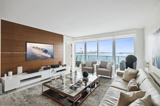 living room with a water view and wooden walls