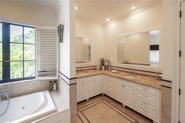 bathroom with vanity, a tub to relax in, tile patterned flooring, and ornamental molding