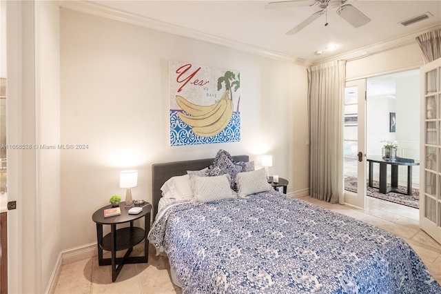 bedroom featuring ceiling fan, light tile patterned floors, and crown molding