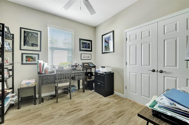 home office with ceiling fan and light wood-type flooring