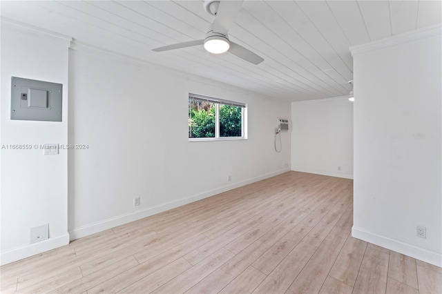 unfurnished room with light wood-type flooring, ceiling fan, crown molding, wooden ceiling, and electric panel