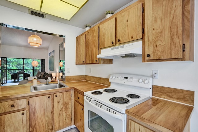 kitchen featuring white range with electric cooktop, hanging light fixtures, and sink