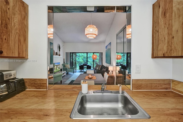 kitchen featuring wood-type flooring, sink, and pendant lighting