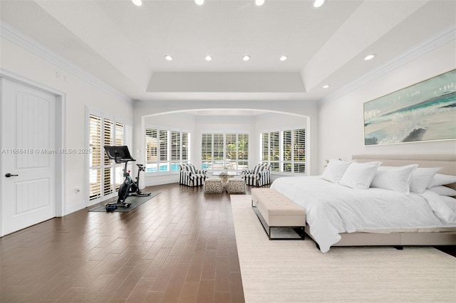 bedroom with a raised ceiling and ornamental molding