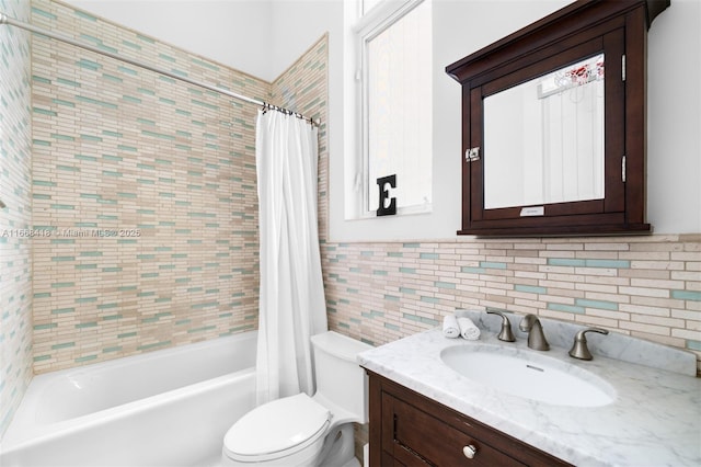 7860 SW 129th Ter, Pinecrest, FL 33156 - full bathroom with tile walls, shower / tub combo, vanity, toilet, and decorative backsplash
