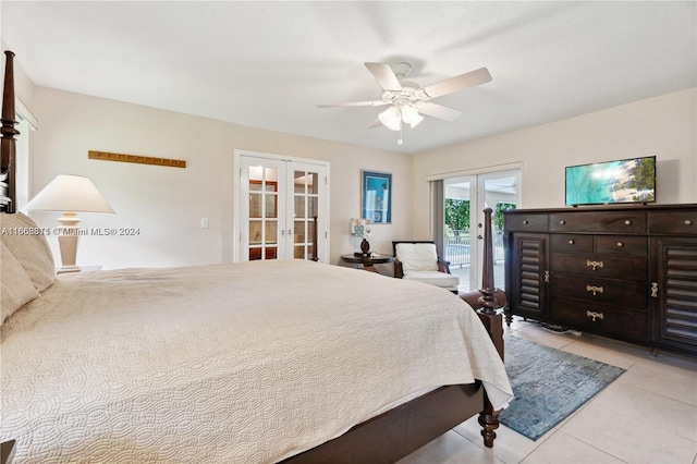 tiled bedroom featuring french doors, access to exterior, and ceiling fan