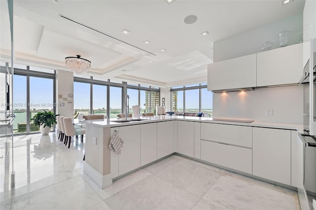 kitchen with a healthy amount of sunlight, a raised ceiling, sink, and white cabinets