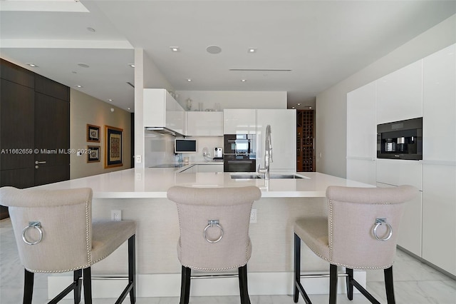 kitchen with white cabinetry, a large island, and a breakfast bar