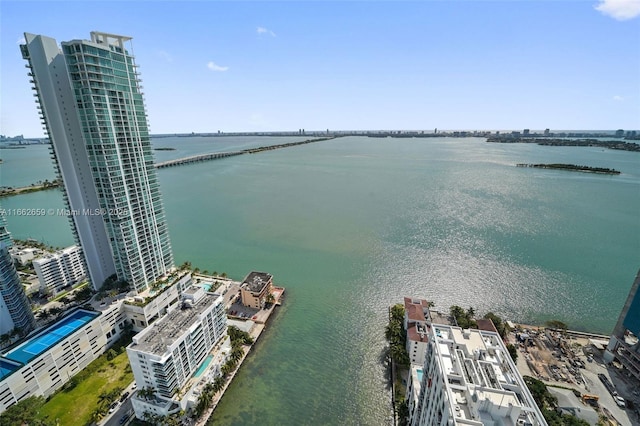 aerial view featuring a water view